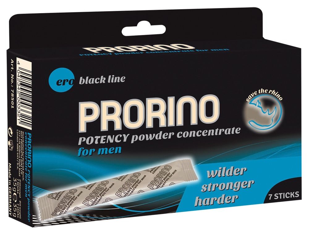 Schwarze Schachtel mit PRORINO. Enthält 7 Sticks. Text: Potency powder concentrate for men. Logo: Save the rhino. Text: Wilder, stronger, harder.