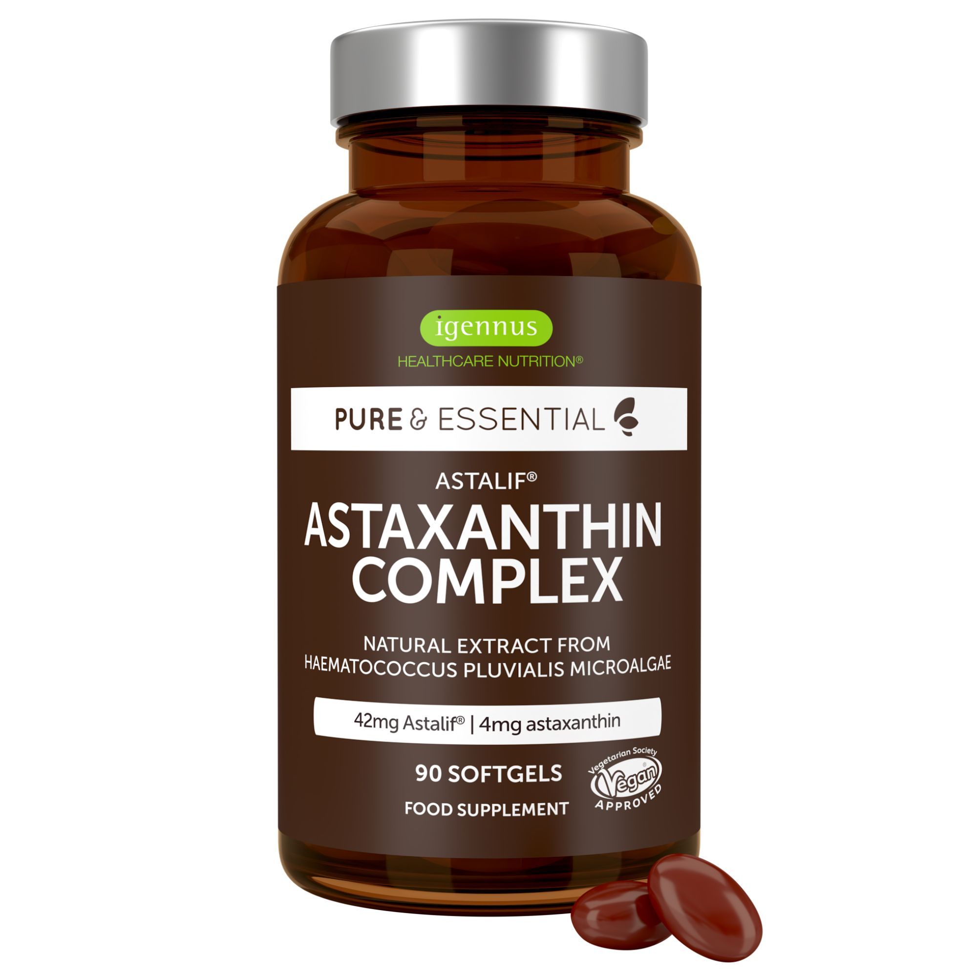 Braune Glasflasche mit silbernem Deckel, gefüllt mit 90 Astaxanthin Komplex Softgels.