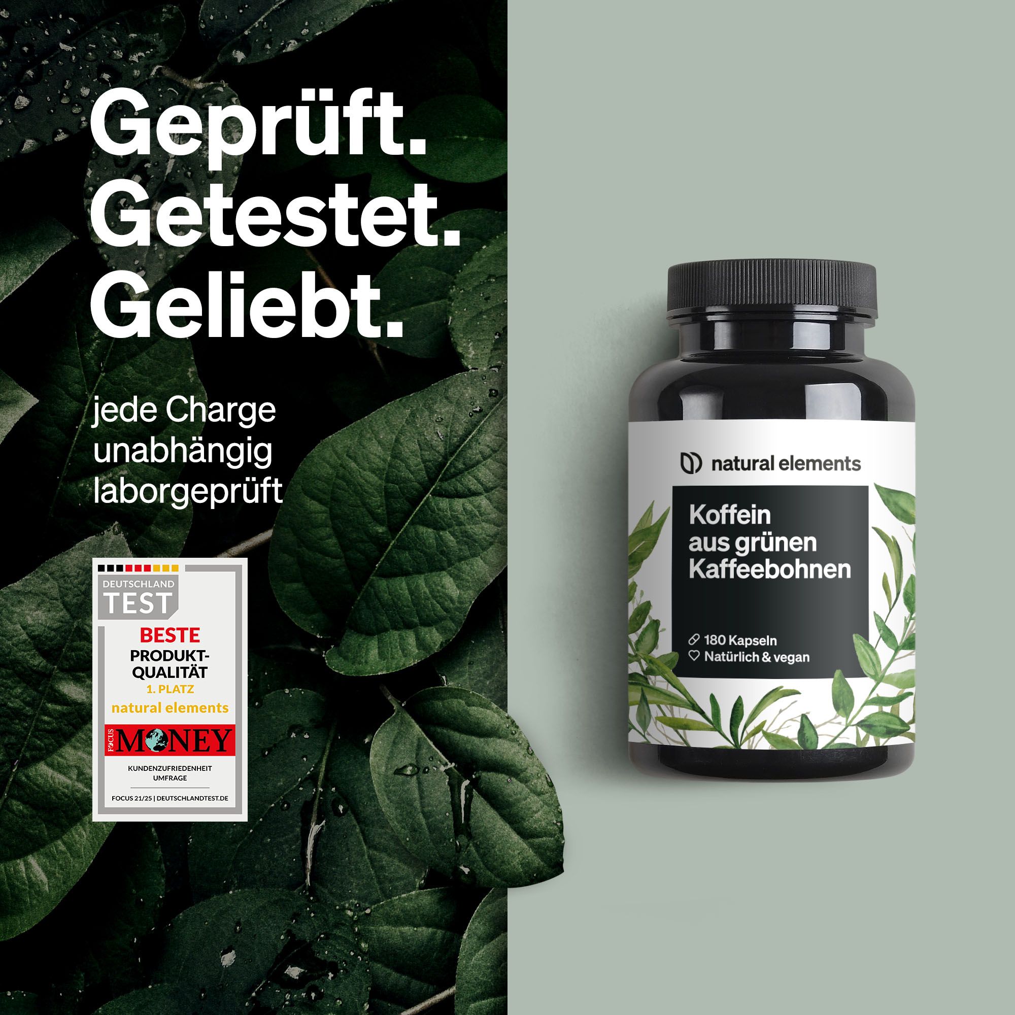 Schwarze Flasche mit Kapseln, daneben Test-Siegel. Text: Koffein aus grünen Kaffeebohnen, 180 Kapseln, vegan.