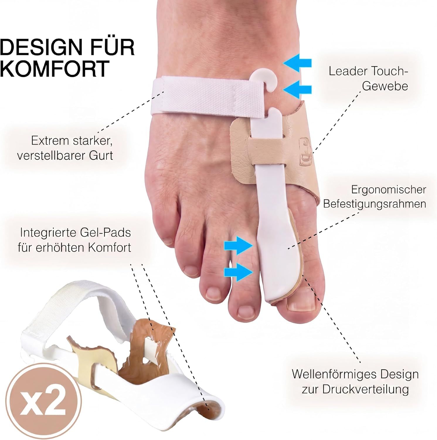 Zehenspreizer mit Gurt und Gel-Pads, zur Druckverteilung.