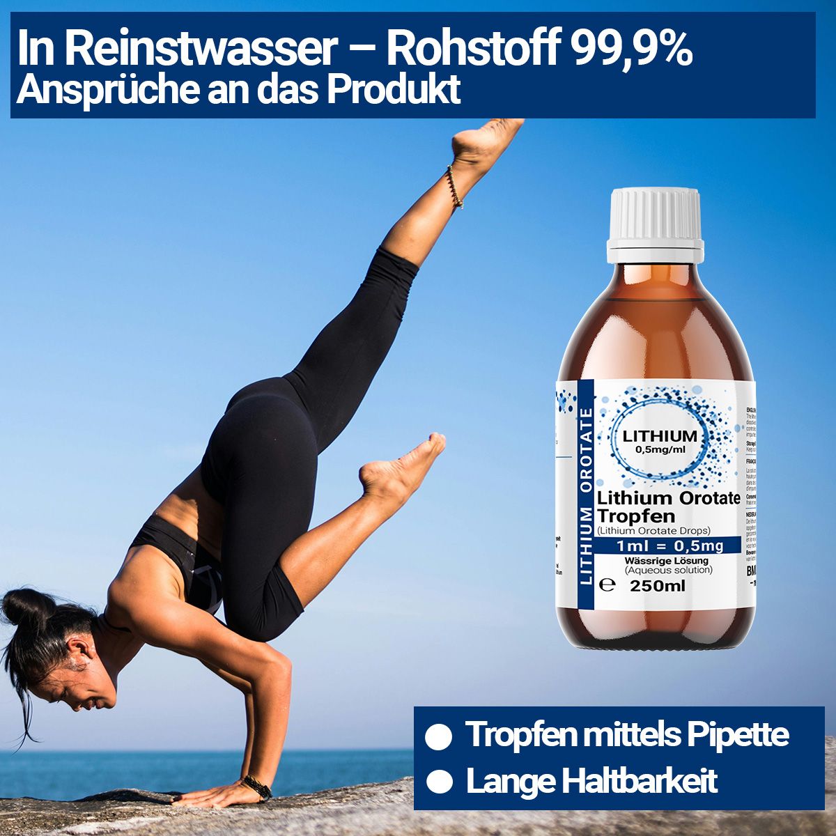 Braunglasflasche mit Etikett. Enthält Lithium Orotate Tropfen. Text: 1ml = 0,5mg. Frau macht Yoga. Tropfen mittels Pipette. Lange Haltbarkeit.