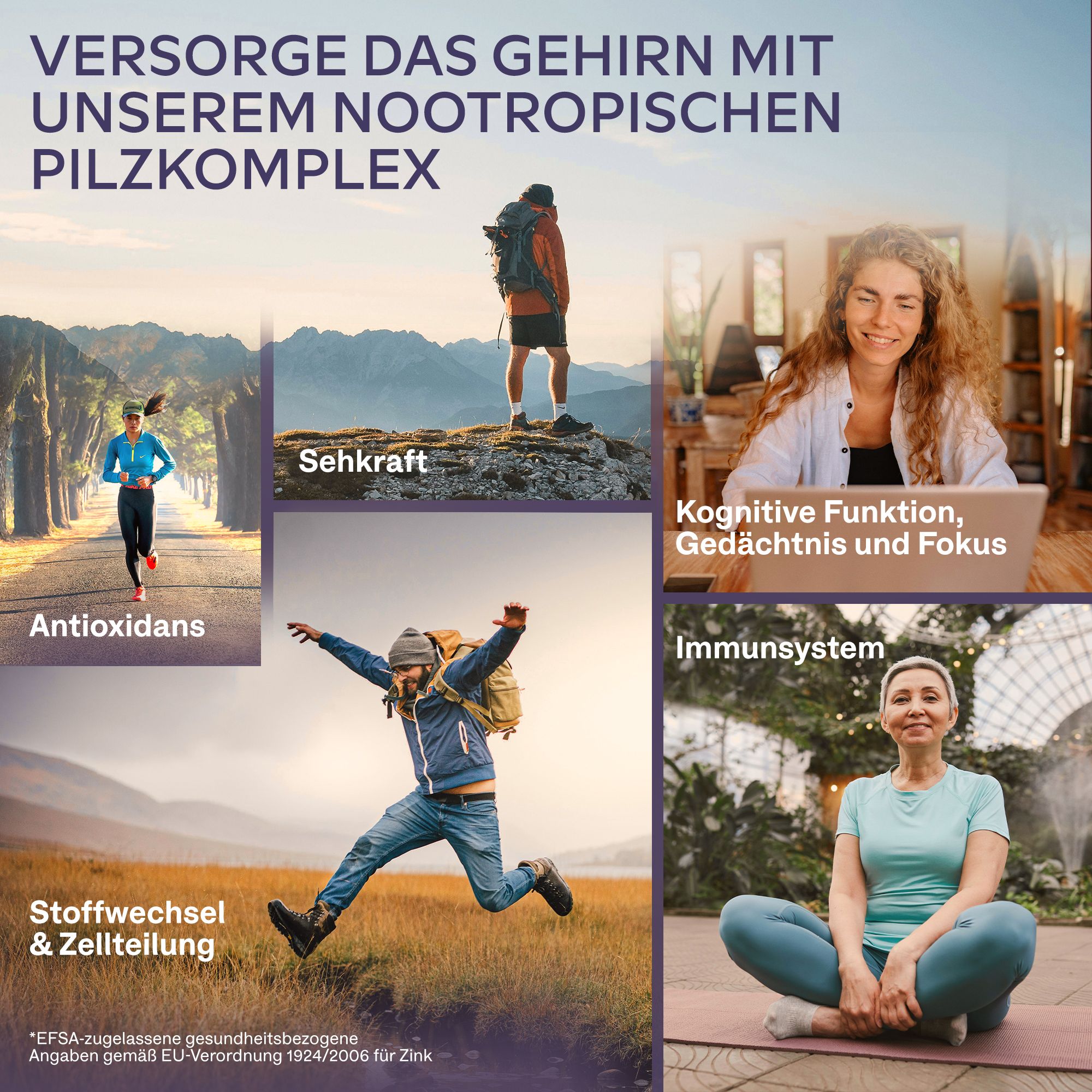 Bilder von Menschen in verschiedenen Aktivitäten. Text: Versorge das Gehirn mit unserem nootropischen Pilzkomplex.