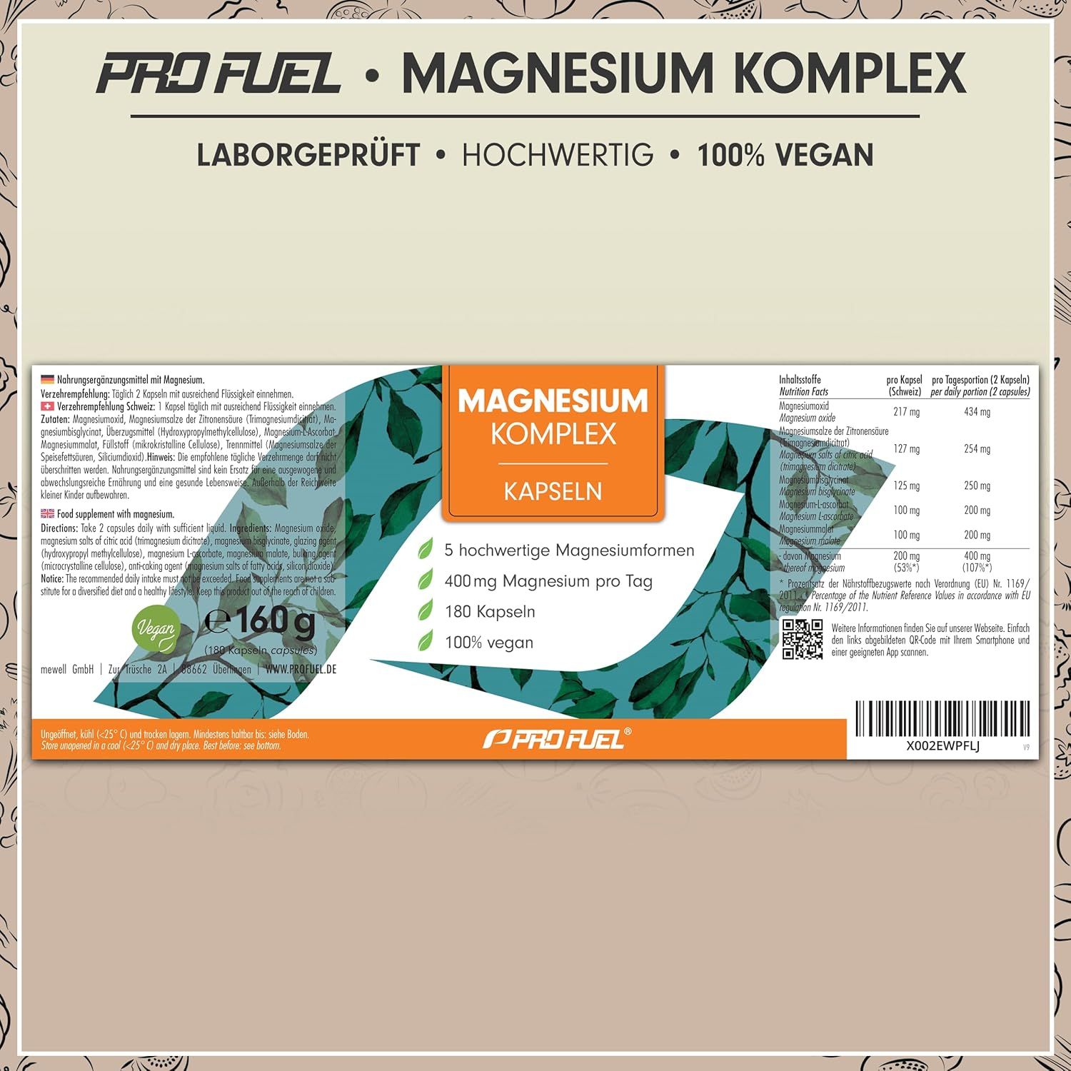 Verpackung von Magnesium Komplex Kapseln. Enthält 180 Kapseln, 400mg Magnesium pro Tag. 100% vegan. Marke: ProFuel.