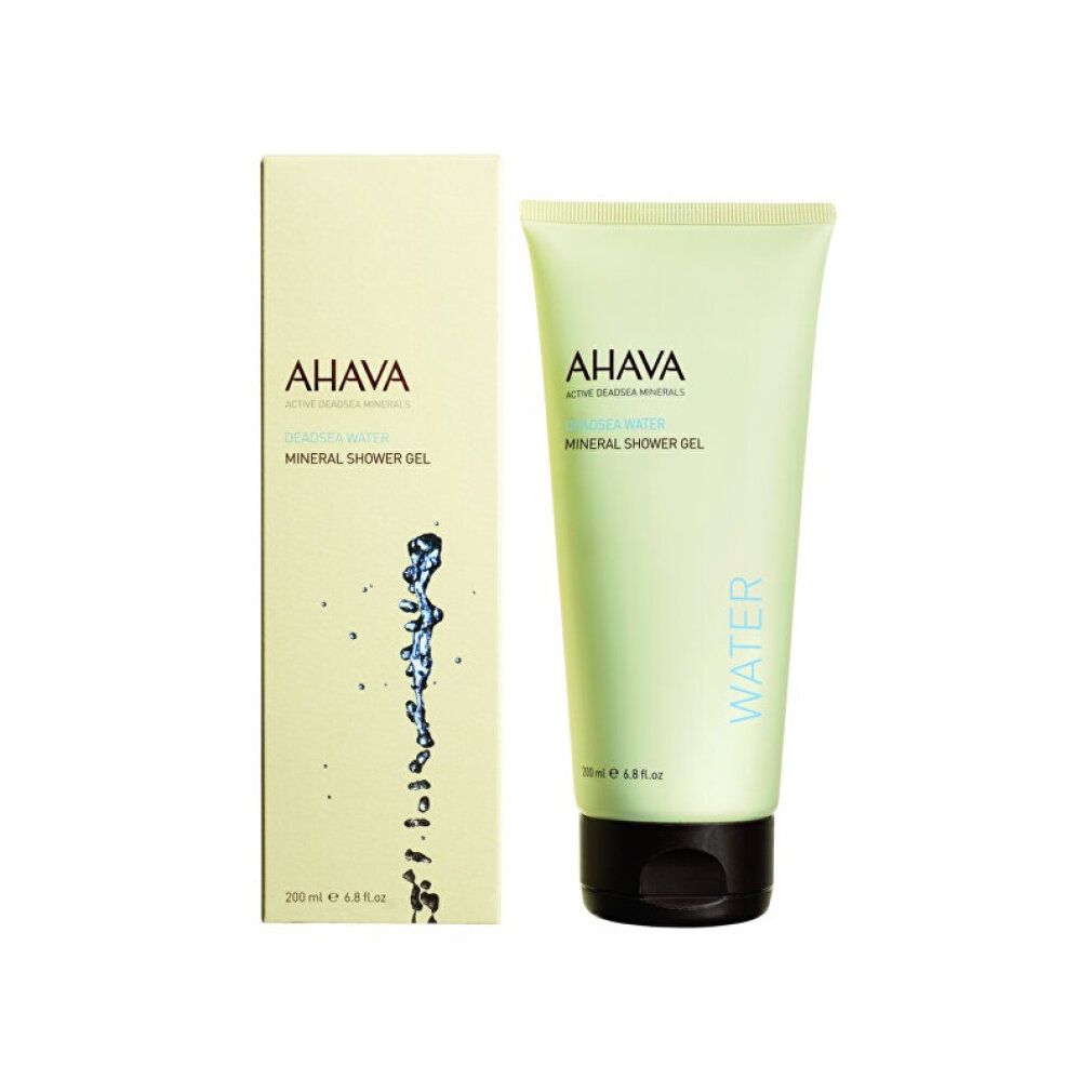 Beige Tube und Schachtel. Aufschrift: AHAVA DEADSEA WATER Mineral Shower Gel. Wort "WATER" vertikal. Wasser-Grafik.
