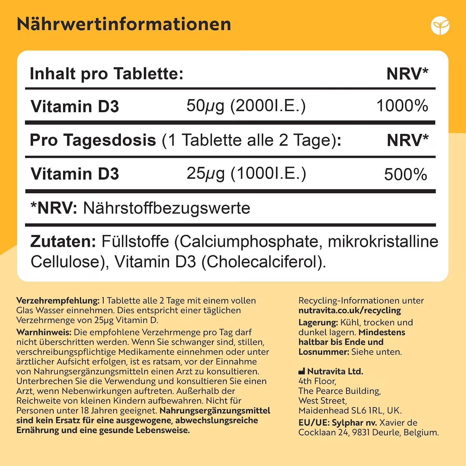 Nährwerttabelle für Vitamin D3, zeigt 50µg (2000 I.E.) pro Tablette.
