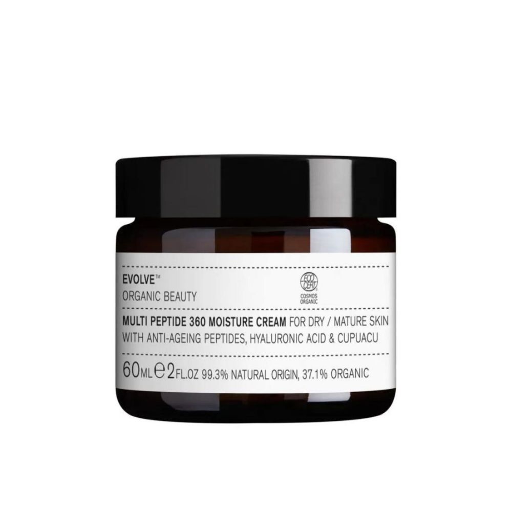 Braune Creme-Dose mit schwarzem Deckel. Aufschrift: Evolve Organic Beauty, Multi Peptide 360 Moisture Cream. Mit Zertifizierung.
