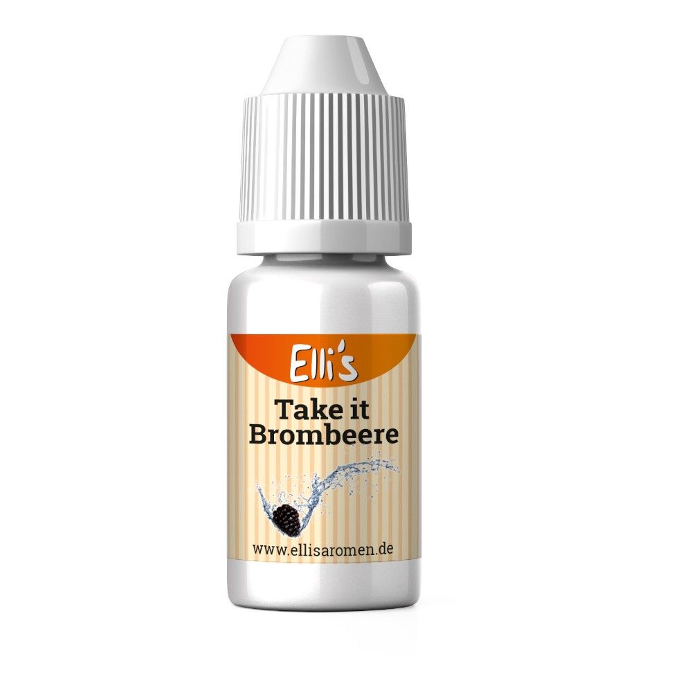 Kleine weiße Flasche mit Schraubverschluss. Etikett mit Produktname, Brombeere-Illustration und Website-Adresse.