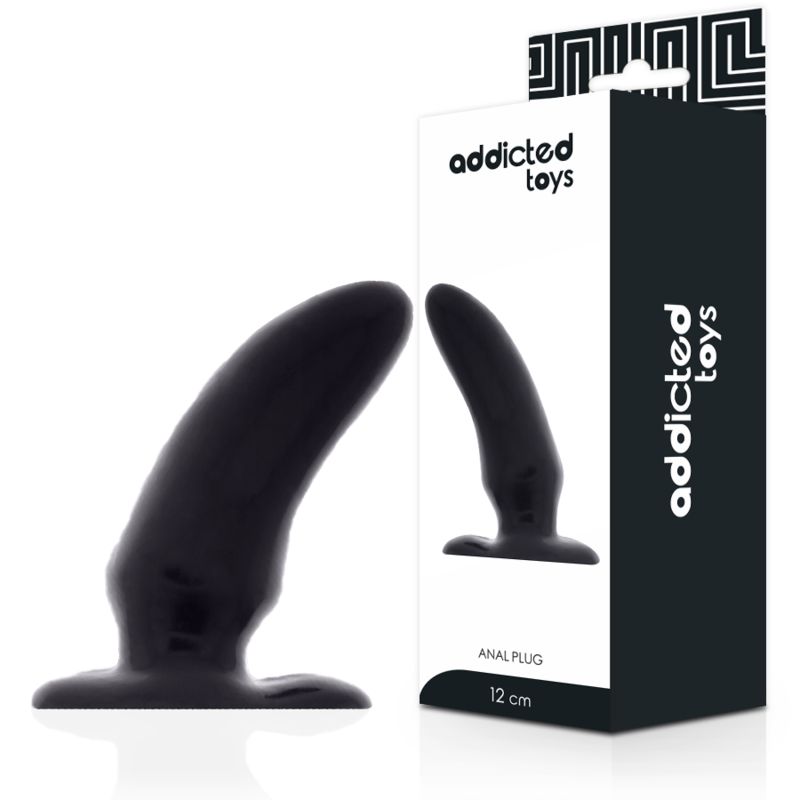 Schwarzer Analplug und Verpackung. Marke Addicted Toys. Text: ANAL PLUG, 12 cm.