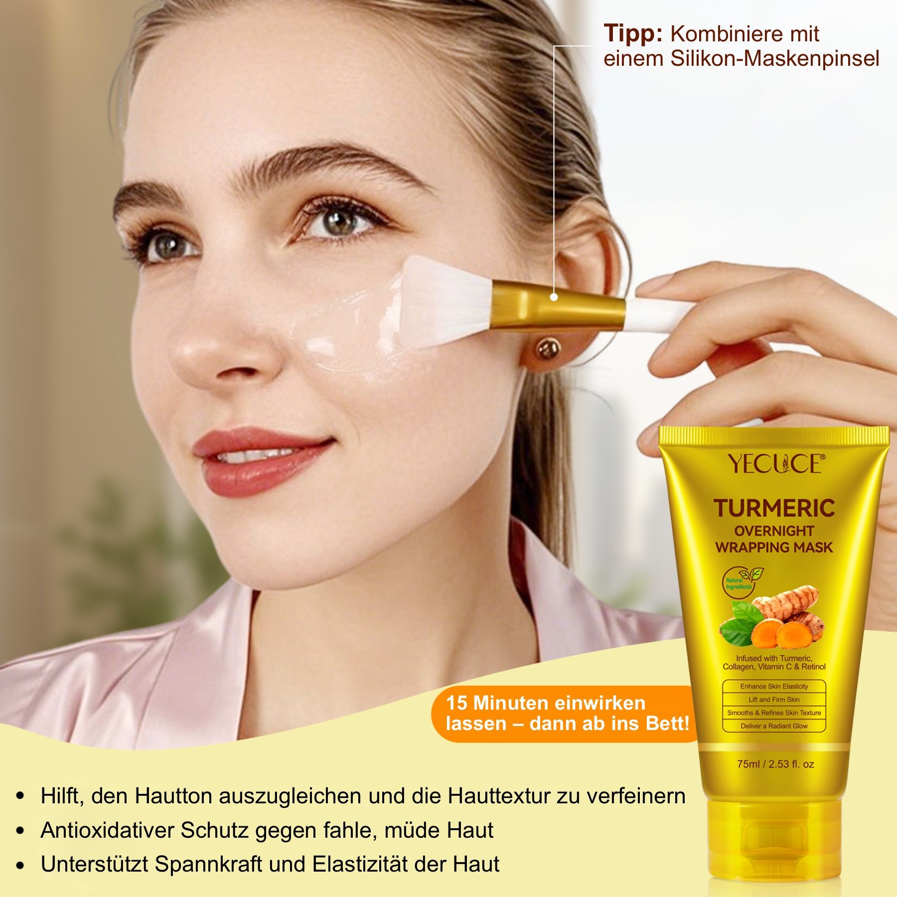 Frau trägt Gesichtsmaske mit Pinsel. Text: YECUCE TURMERIC OVERNIGHT WRAPPING MASK. 15 Minuten einwirken lassen. Hilft, Haut auszugleichen und zu verfeinern.
