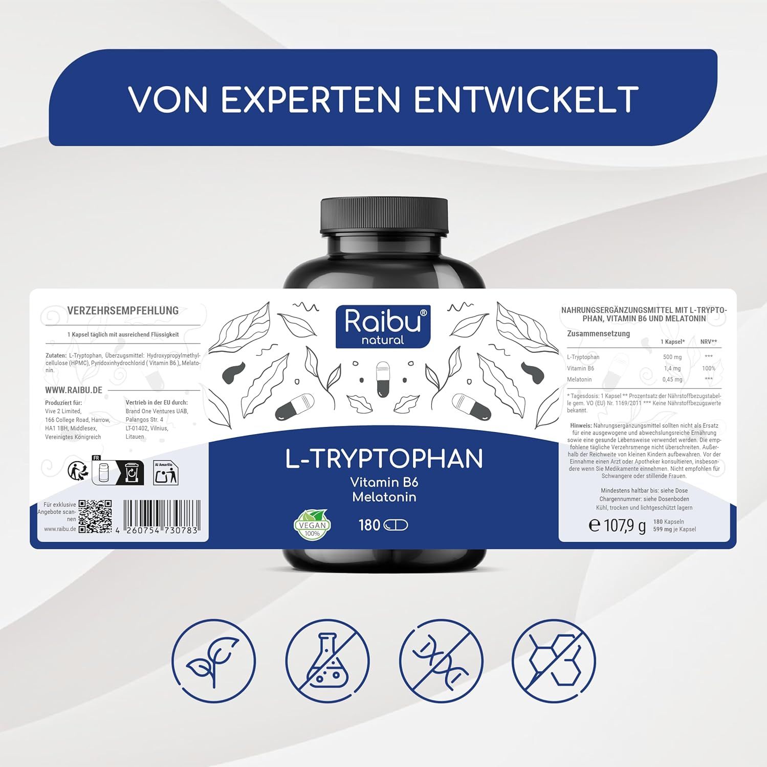 Produktflasche mit Etikett. Enthält L-Tryptophan, Vitamin B6, Melatonin. 180 Kapseln. Mit QR-Code und Inhaltsangaben.
