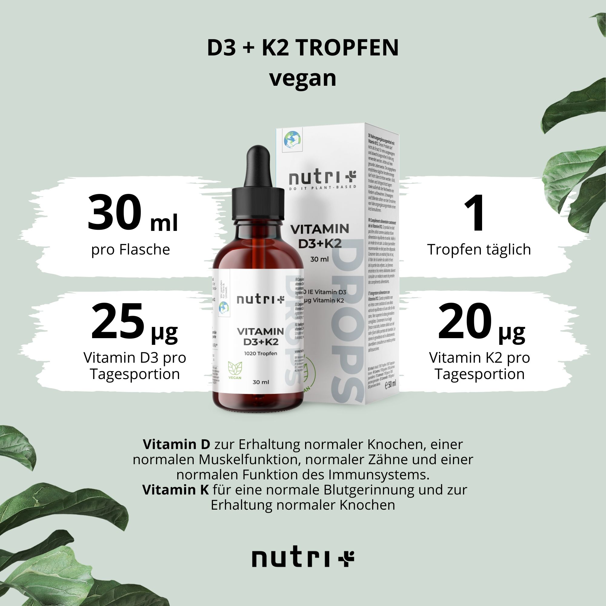 Infografik mit Flasche und Box. Angaben: 30 ml, 25 µg Vitamin D3, 20 µg Vitamin K2. Text: Vitamin D für Knochen, Muskeln, Zähne.