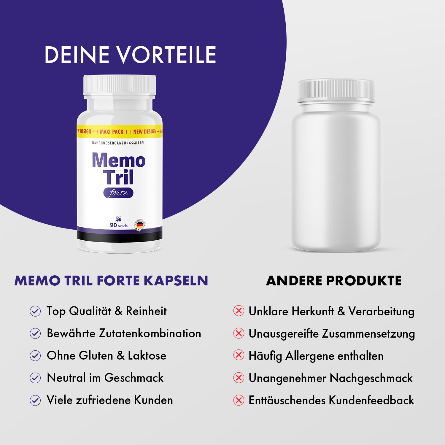 Memo Tril forte Kapseln. Vorteile: Top Qualität, bewährte Kombination, ohne Gluten & Laktose, neutral im Geschmack. Andere Produkte: Nachteile.