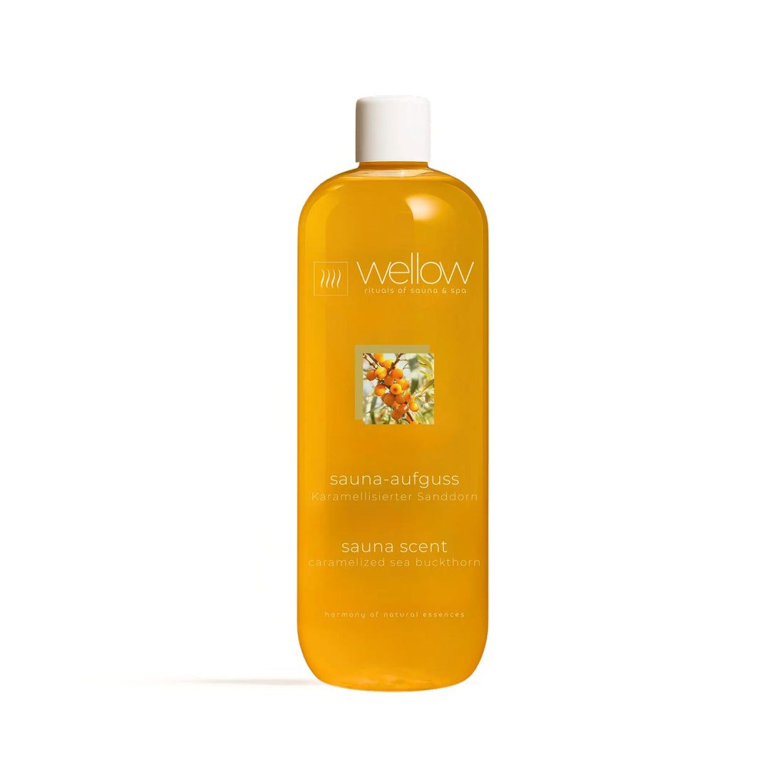Gelbe Flasche mit weißem Deckel. Aufschrift: Wellow, Sauna-Aufguss, karamellisierter Sanddorn, Sauna Scent.