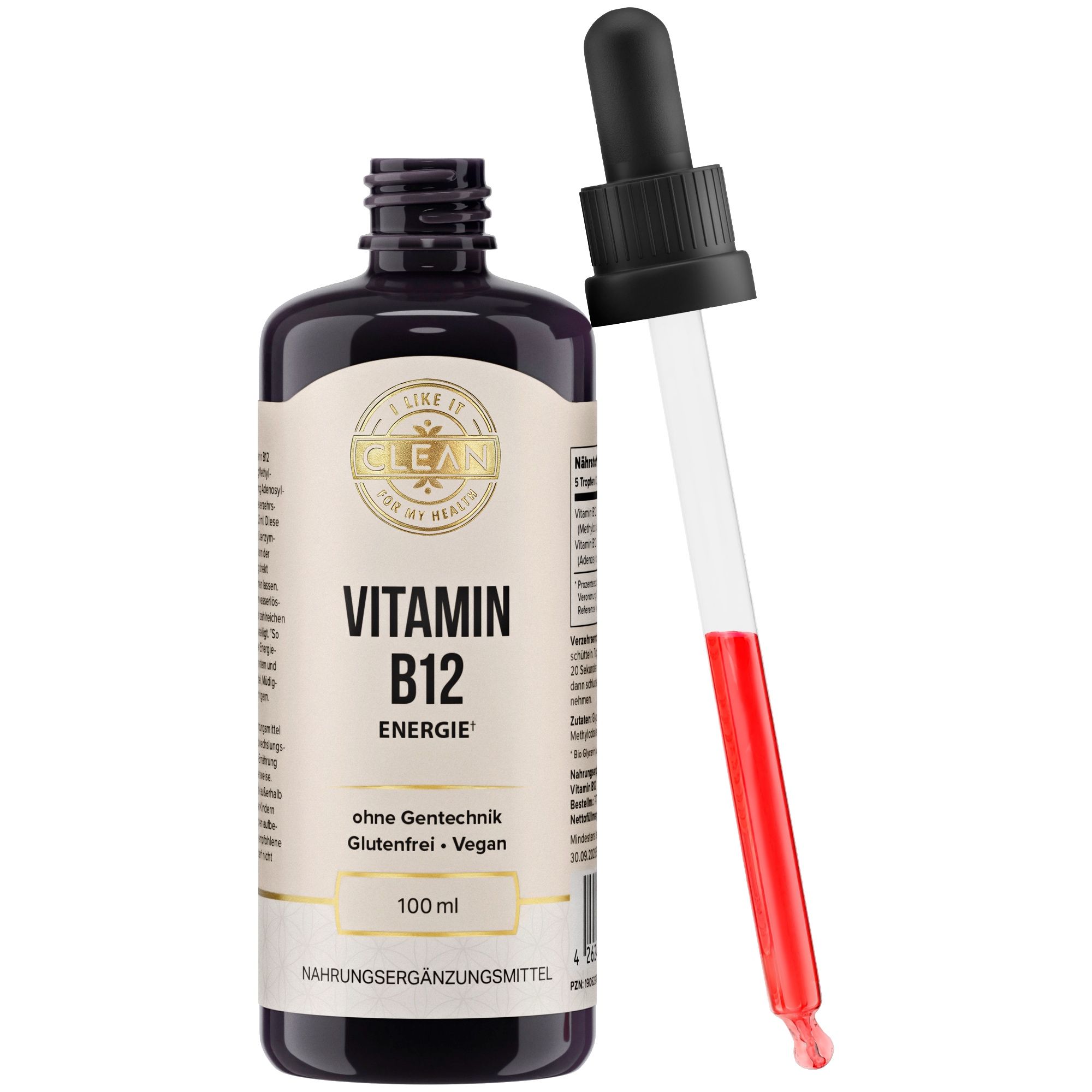Braune Flasche mit schwarzem Verschluss und Pipette. Beschriftung: Vitamin B12 Energie. Pipette mit roter Flüssigkeit.