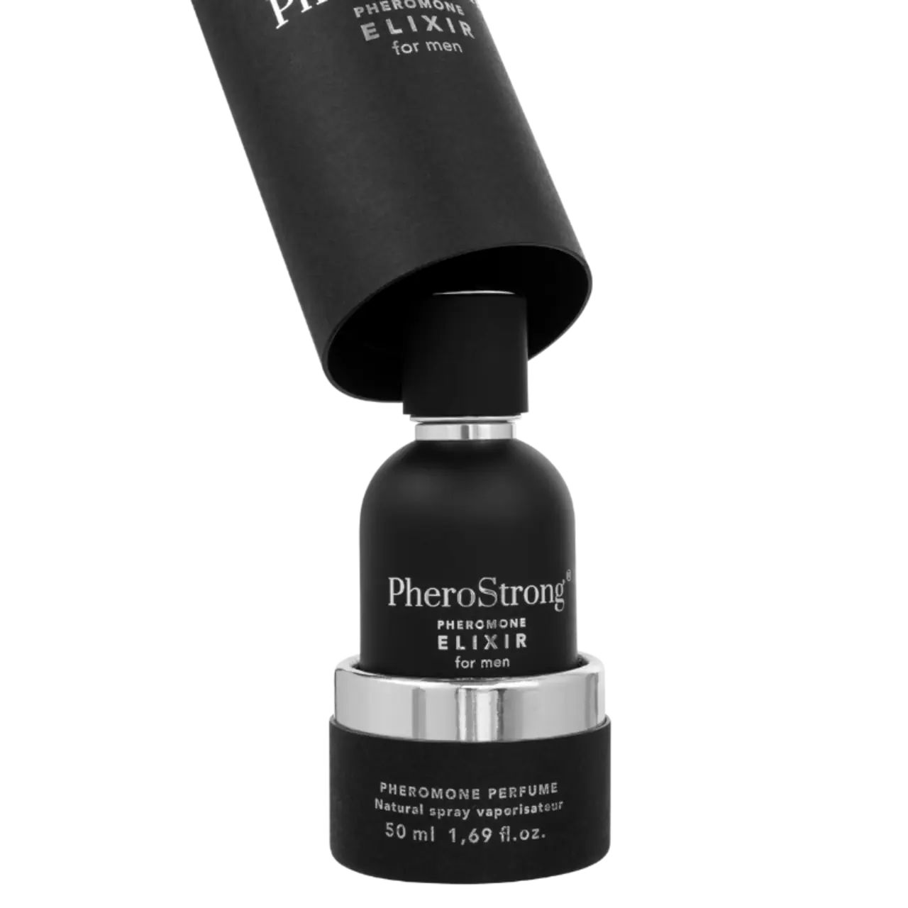 Flasche in schwarzer Verpackung. Aufschrift: PheroStrong Pheromone Elixir for men. 50 ml.