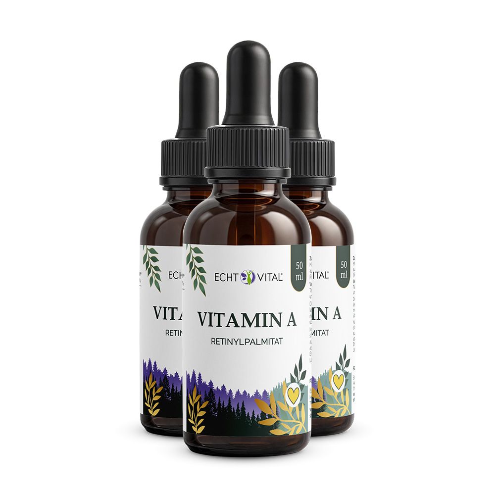 Drei Flaschen Echt Vital Vitamin A mit Pipetten. Etikett mit Produktnamen, Retinylpalmitat und Logo.