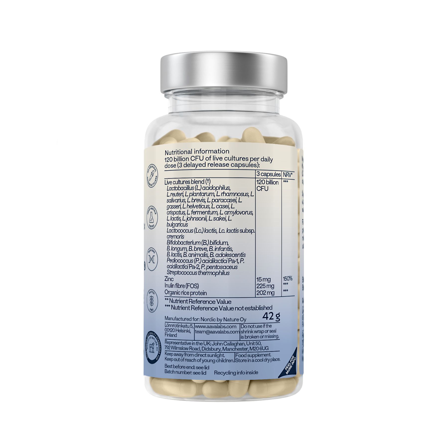 Ausgebreitete Verpackung von AAVALABS Premium Probiolac mit Flasche und Beipackzettel.