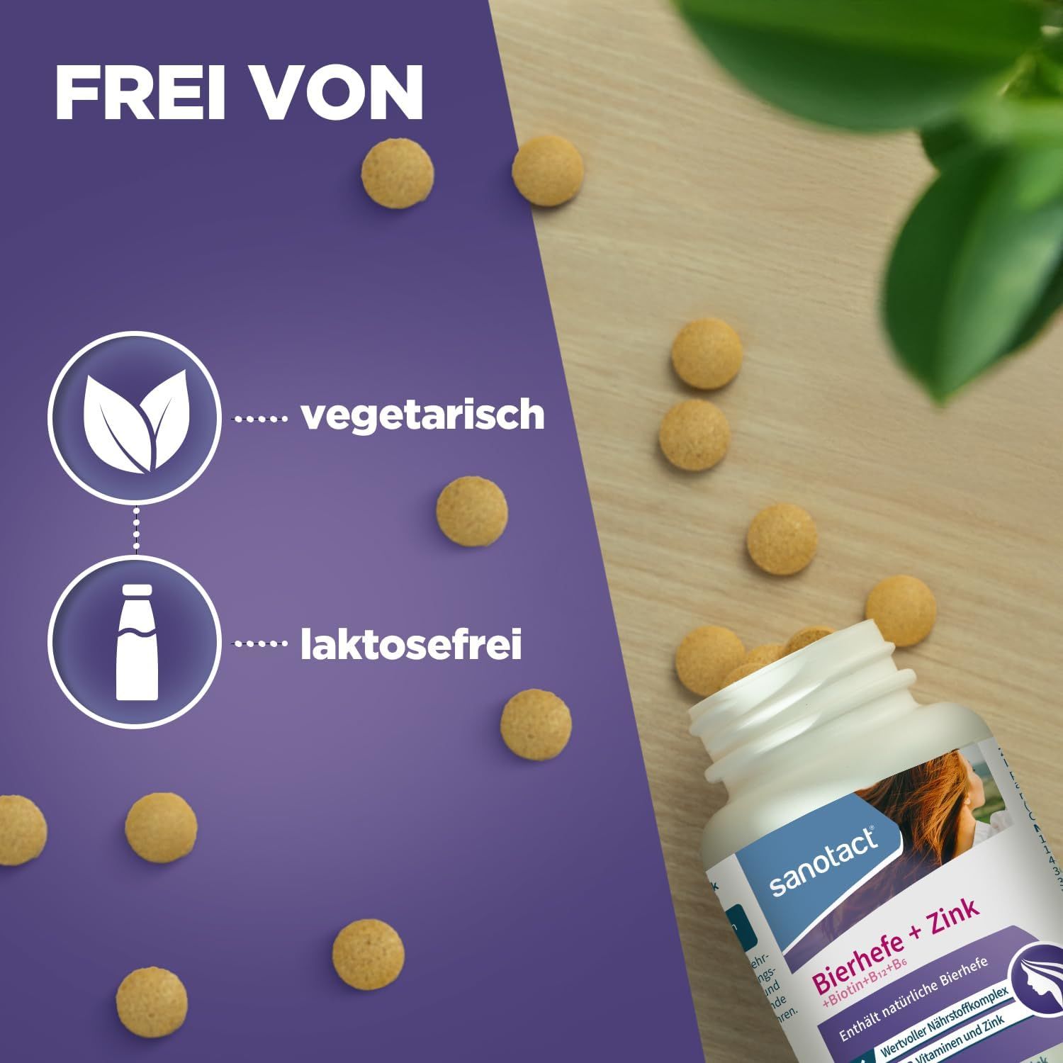 Tabletten neben einer Flasche Bierhefe + Zink. Aufschrift: vegetarisch, laktosefrei. Flasche: sanotact Bierhefe + Zink.