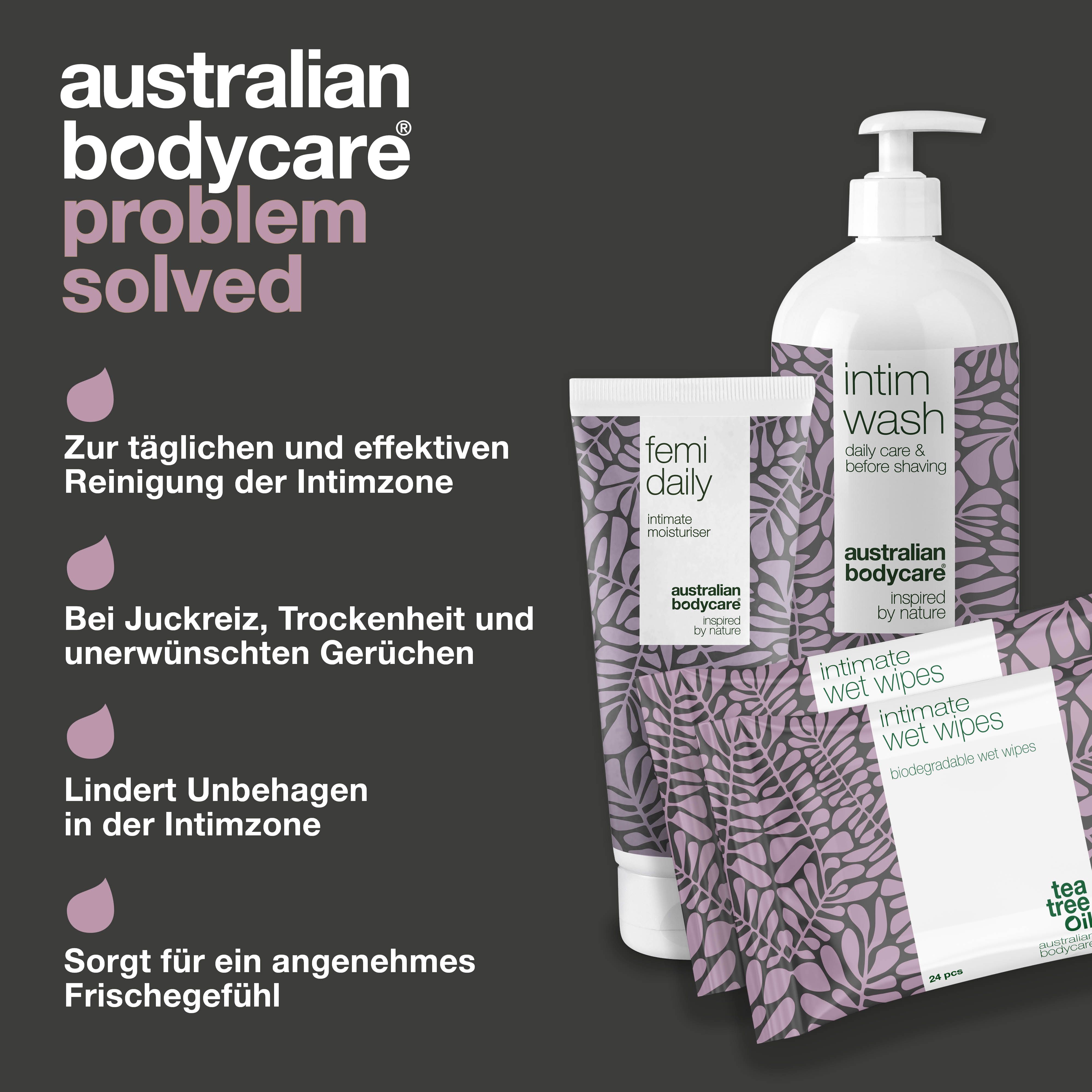 Grafik: Australian Bodycare, Problem gelöst. Produkte der Intimpflege. Text und rosa Tropfen.