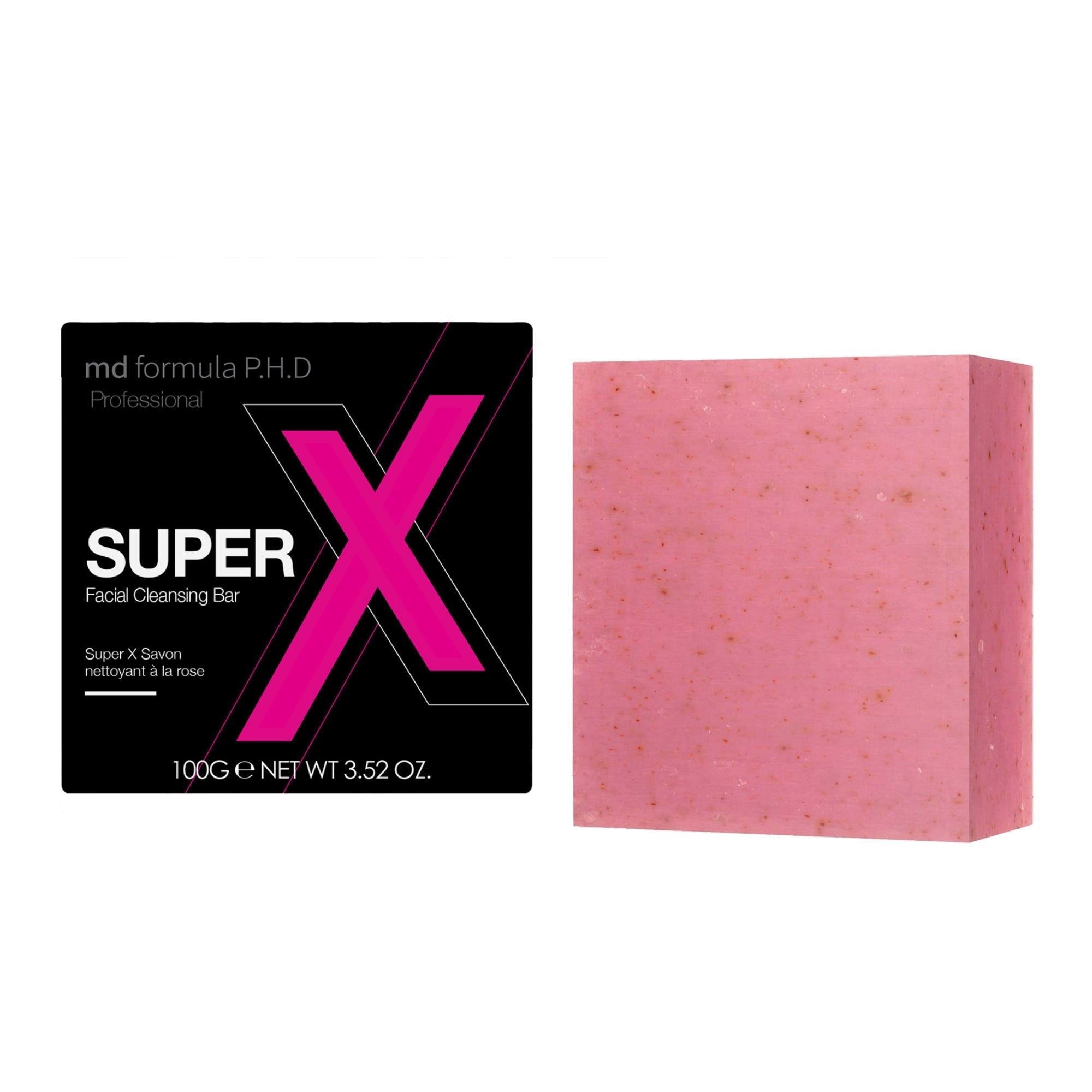 Verpackung und ein rosa Gesichtsreinigungsriegel mit kleinen Sprenkeln.