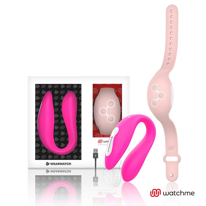 Vibrator, Armband, Verpackung und Ladekabel. Logo: watchme.