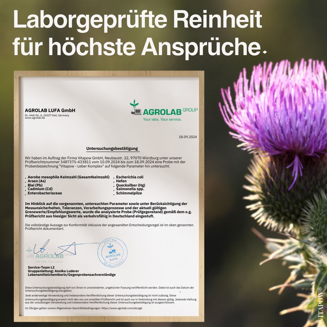 Zertifikat der Agrolab LUFA GmbH. Text: Laborgeprüfte Reinheit für höchste Ansprüche. Untersucht auf Parameter.