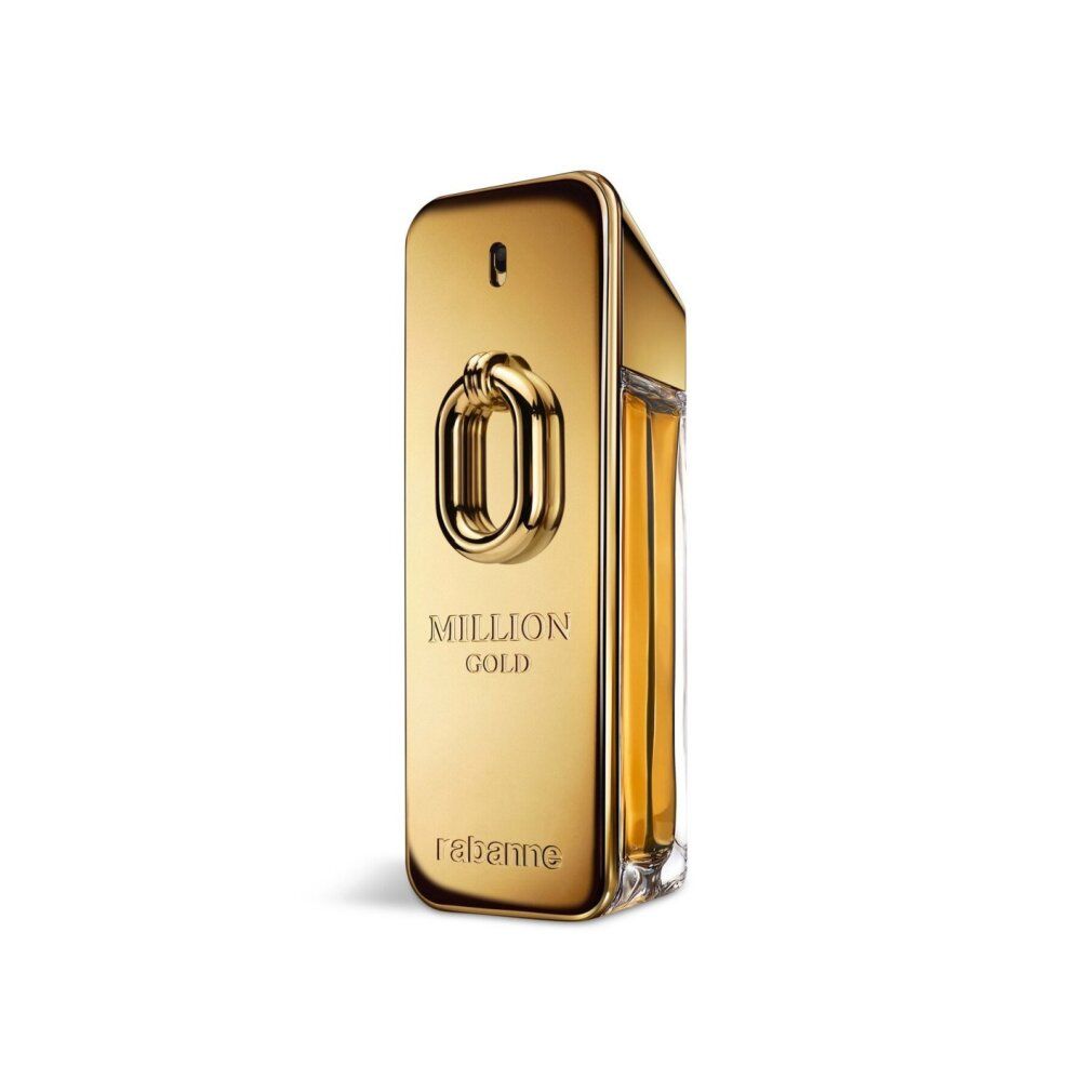 Goldfarbener Flakon mit "MILLION GOLD" und "rabanne" Schriftzug. Rechteckige Form mit goldenem Verschluss.