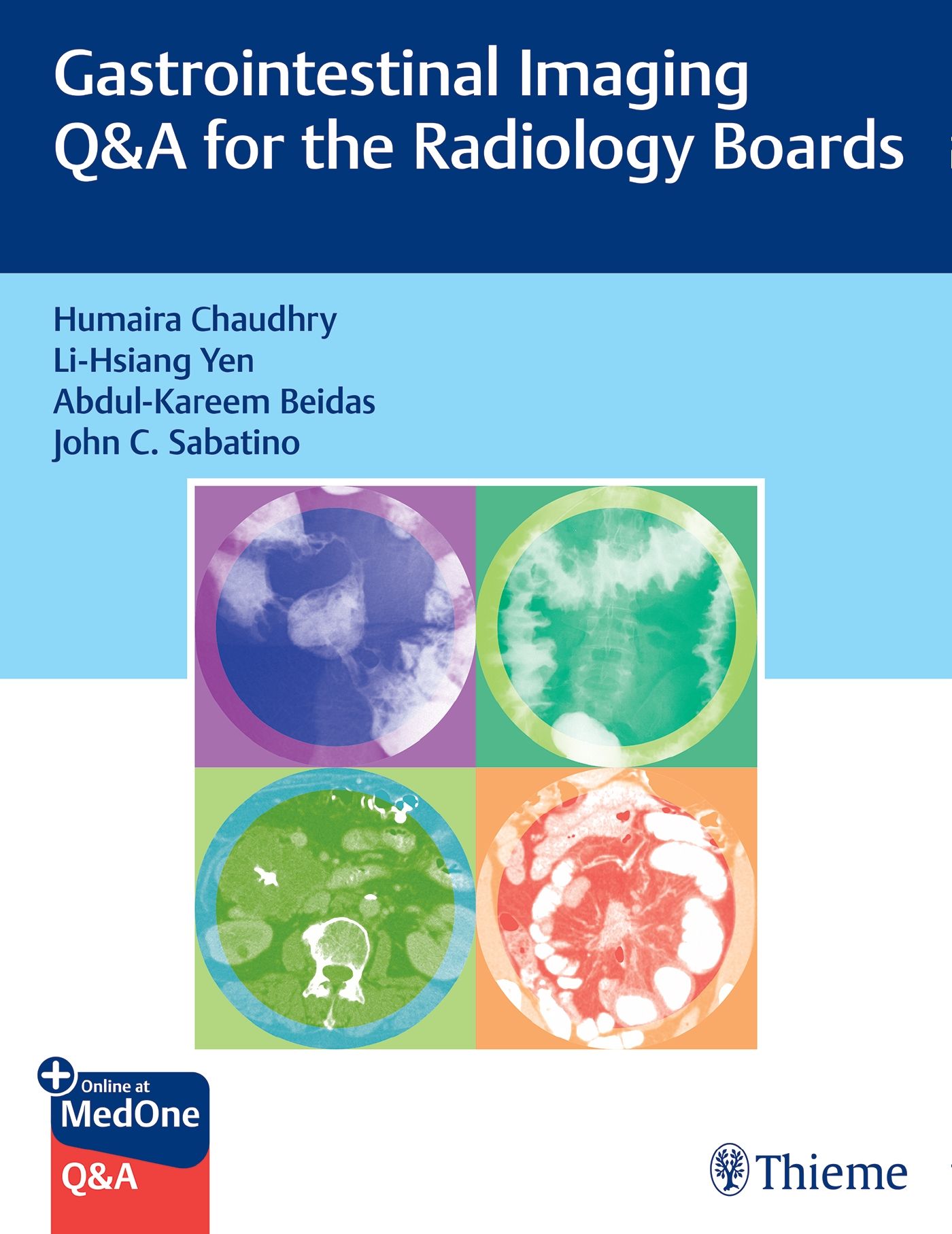 Buchcover: Gastrointestinal Imaging Q&A for the Radiology Boards. Autoren: Chaudhry, Yen, Beidas, Sabatino. Mit Logos von MedOne und Thieme.