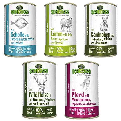 Fünf Dosen Hundefutter. Jede Dose zeigt ein Tier und Zutaten. Text: Schecker, Menü, Getreide frei.