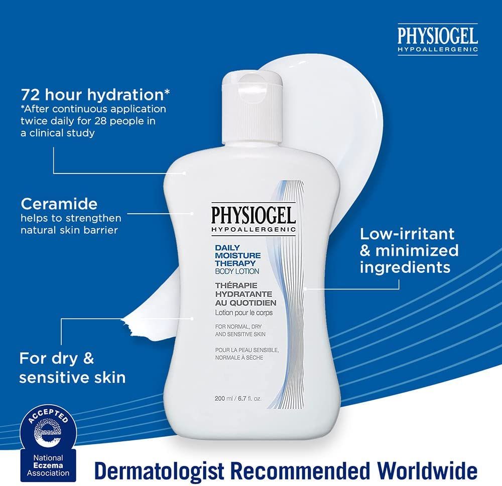 Weiße Flasche mit Lotion, Text: PHYSIOGEL, DAILY MOISTURE THERAPY, für trockene und empfindliche Haut. Dermatologisch empfohlen.