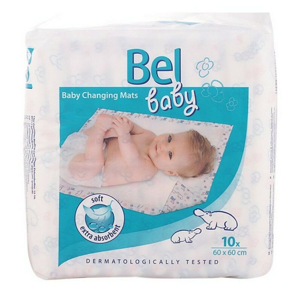 Verpackung mit Bel Baby Wickelunterlagen. Zehn Stück, 60x60cm. Weich und extra saugfähig. Dermatologisch getestet. Baby auf der Verpackung.
