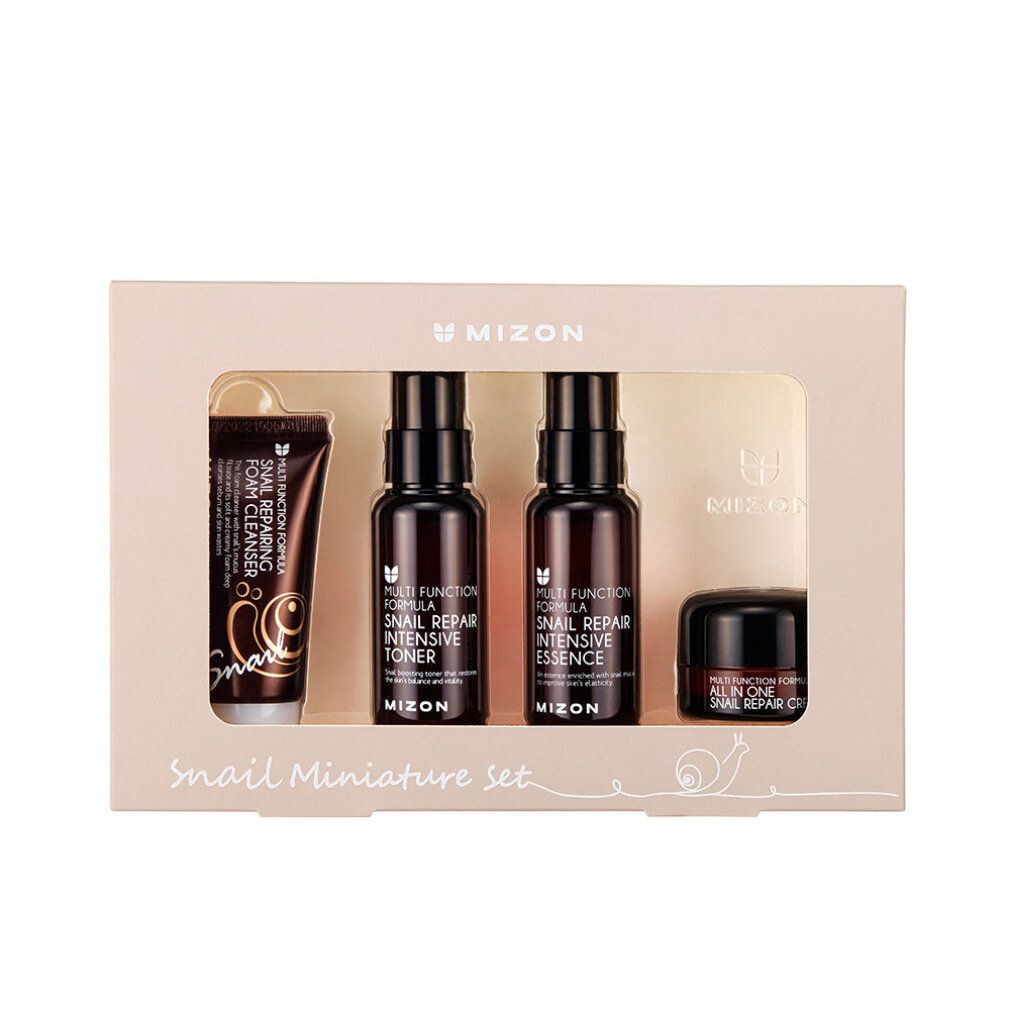 Set di miniature di lusso con lumaca. Vier Produkte in einer rechteckigen Box. Enthält Toner, Essenz, Creme und Reinigungsmittel. Marke: Mizon.