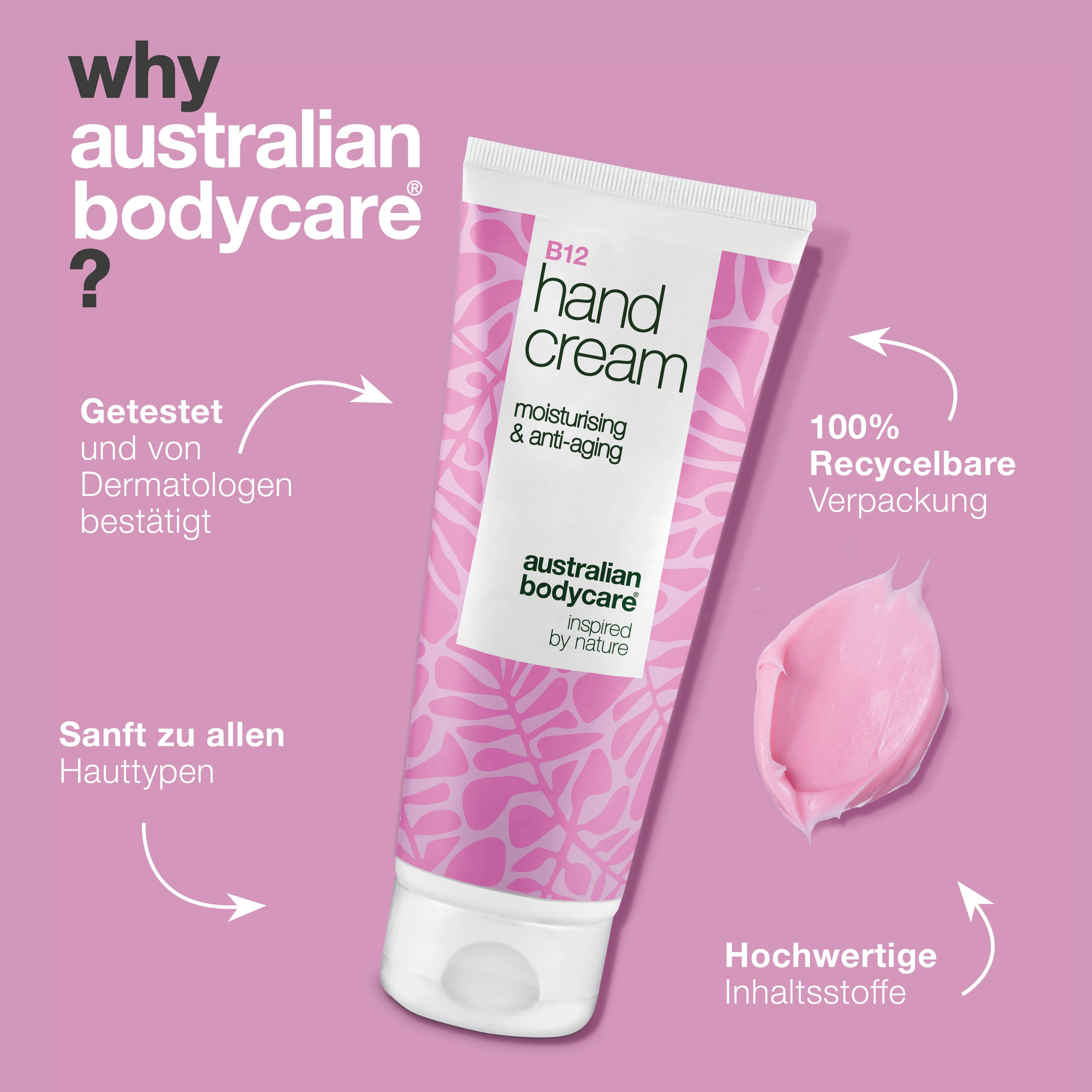 Tube Handcreme, rosa Muster, Text: B12 Hand Cream, Australian Bodycare. Text: Why Australian Bodycare? Klecks Creme.