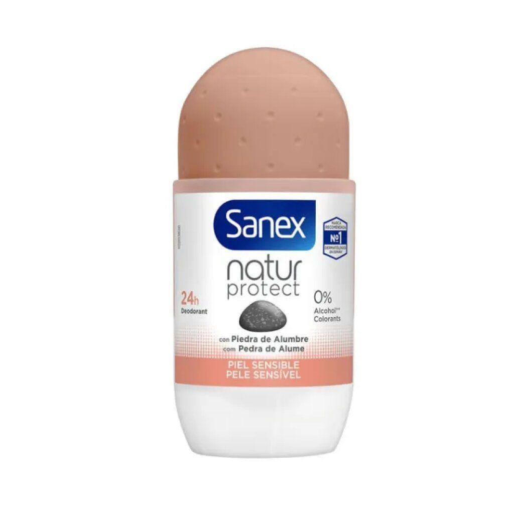 Deodorant-Roller Sanex Natur Protect Sensitive Haut. Weiß-rosa Flasche mit braunem Rollkopf. Text: 24h, 0% Alcohol, Piel Sensible.