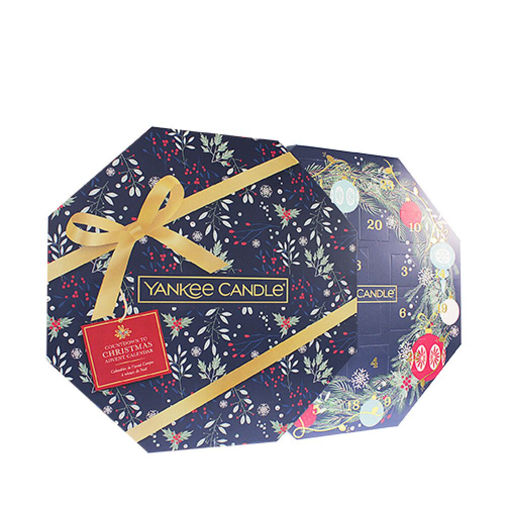 Achteckige Geschenkbox, geöffnet, mit Adventskalender-Design. Logo und rotes Etikett.