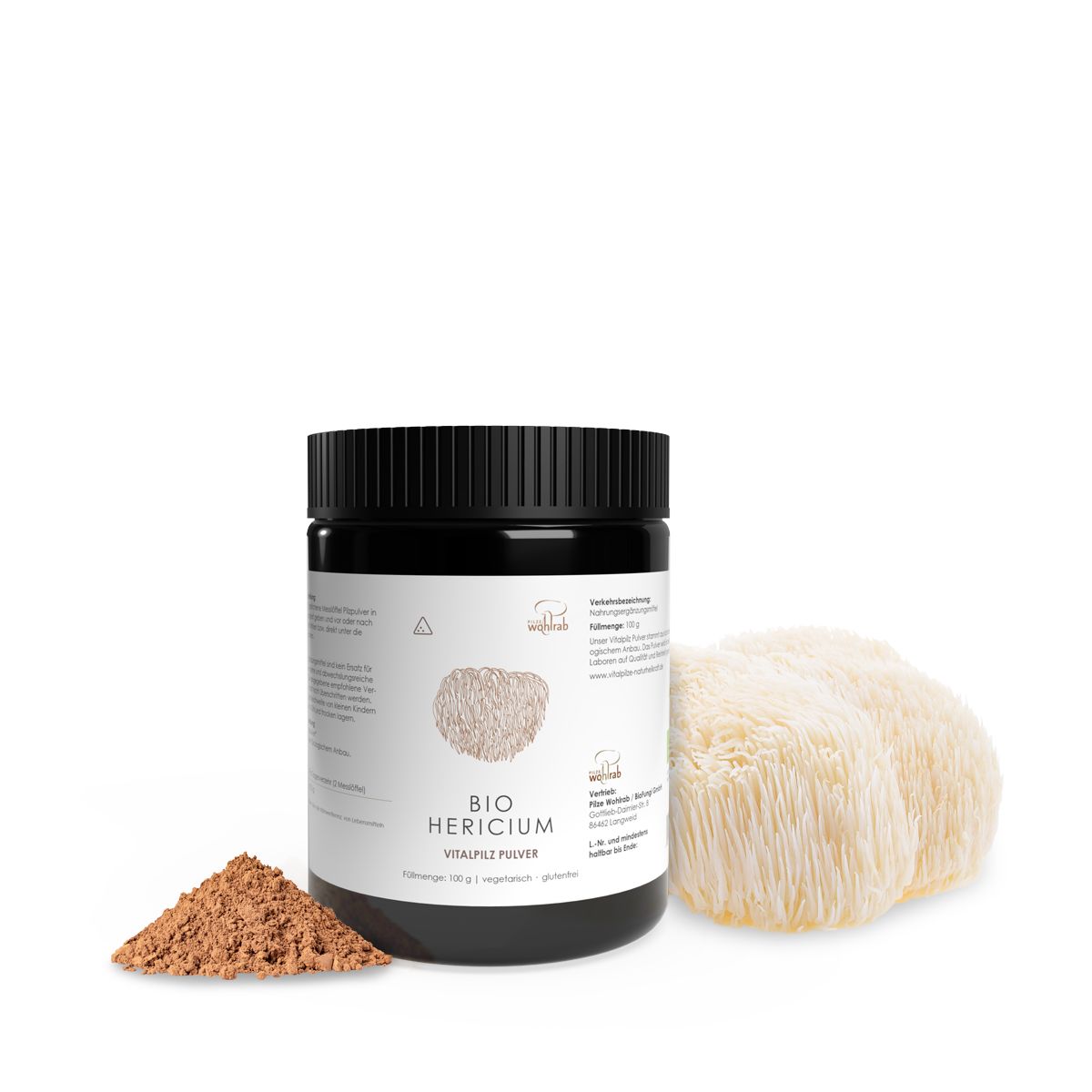 Schwarzes Glas mit BIO Hericium Vitalpilz Pulver. Daneben zwei weiße Pilze. Aufschrift: BIO Hericium Vitalpilz Pulver.