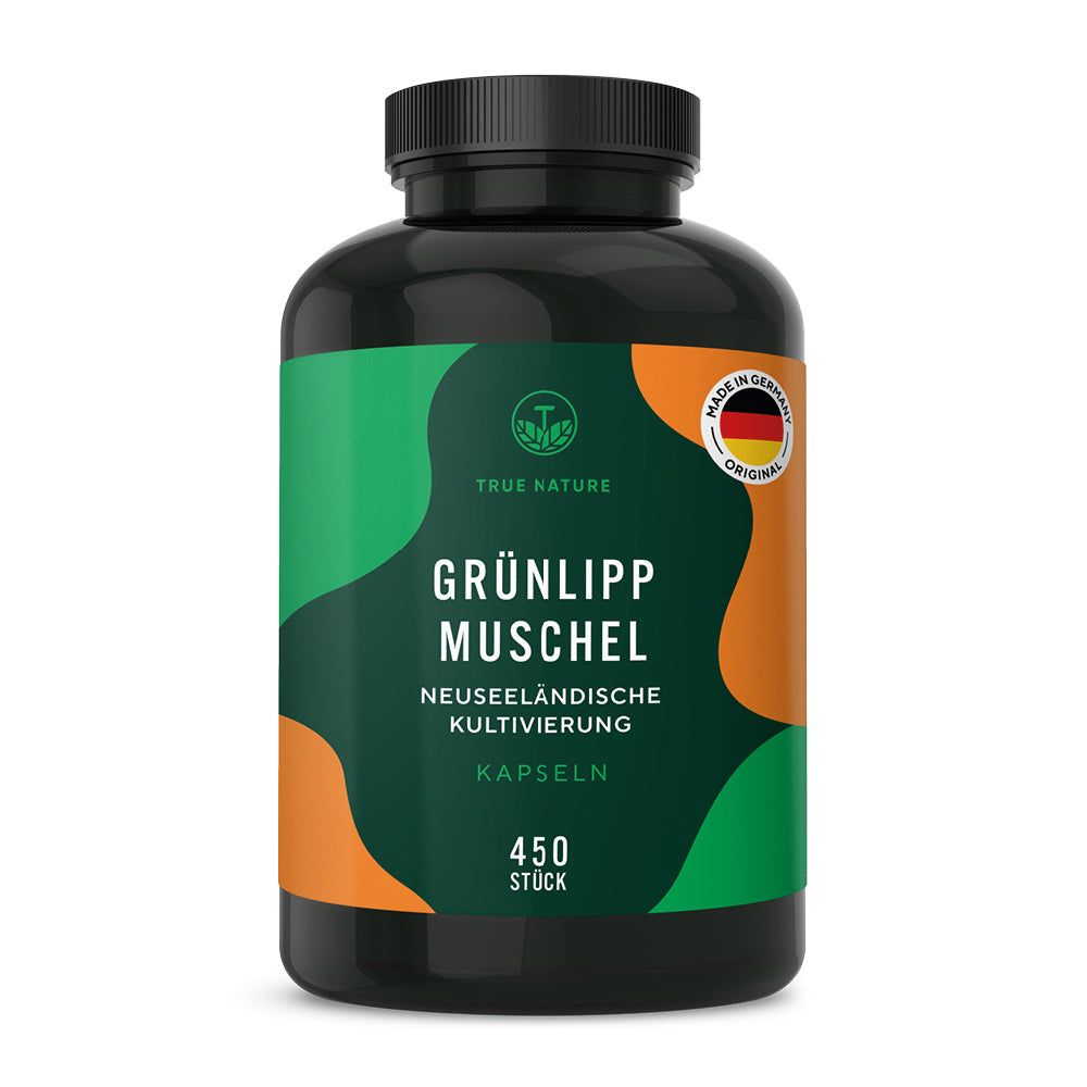 Grünlippmuschel Kapseln von True Nature in schwarzer Dose mit grün-orangem Etikett, 450 Stück.