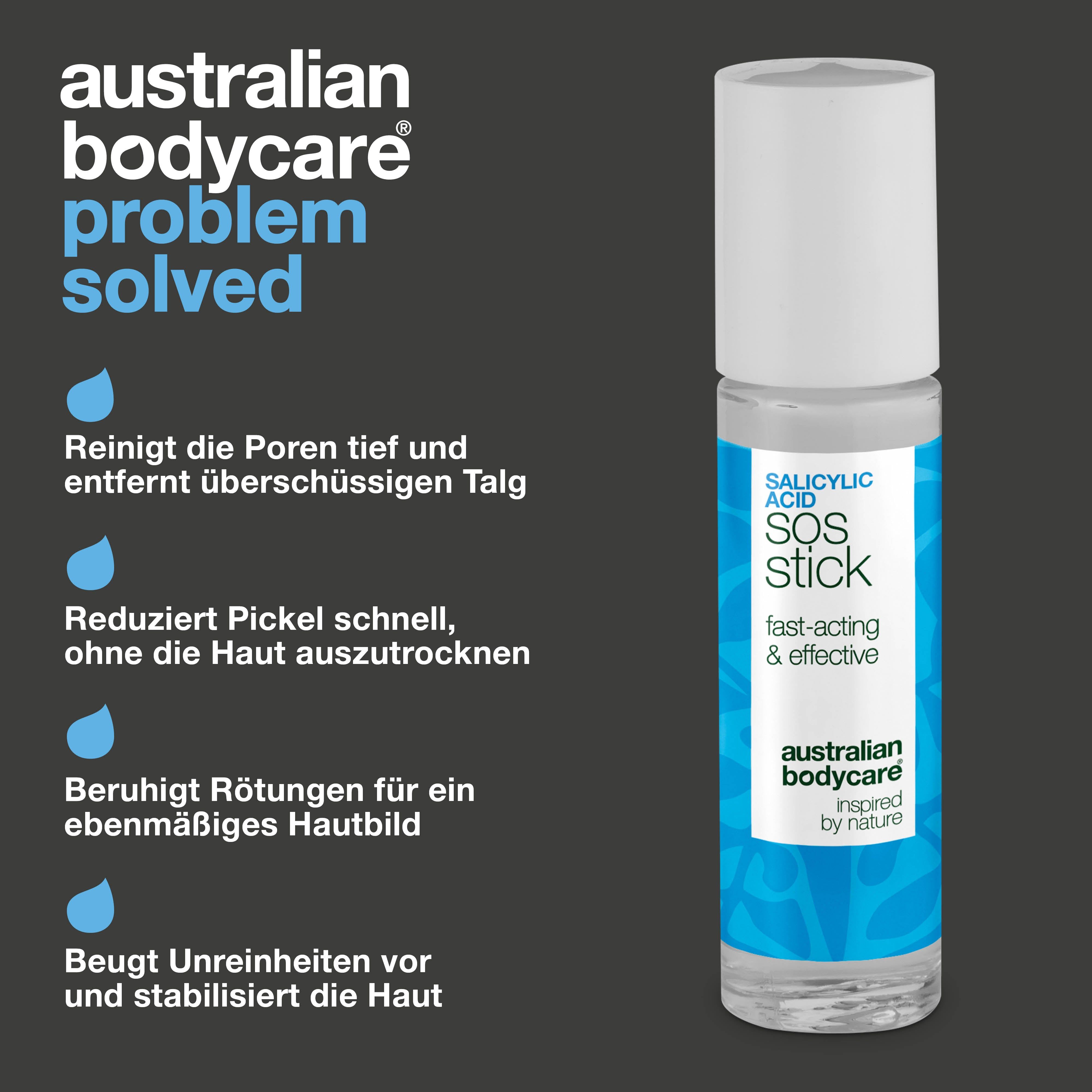 Stick mit Text: Reinigt Poren, entfernt Talg, reduziert Pickel, beruhigt Rötungen, beugt Unreinheiten vor. Blaue und weiße Verpackung.
