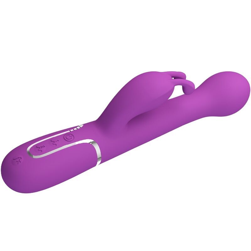 Lila Kaninchen-Vibrator, schräg von vorne mit silbernen Bedienelementen.