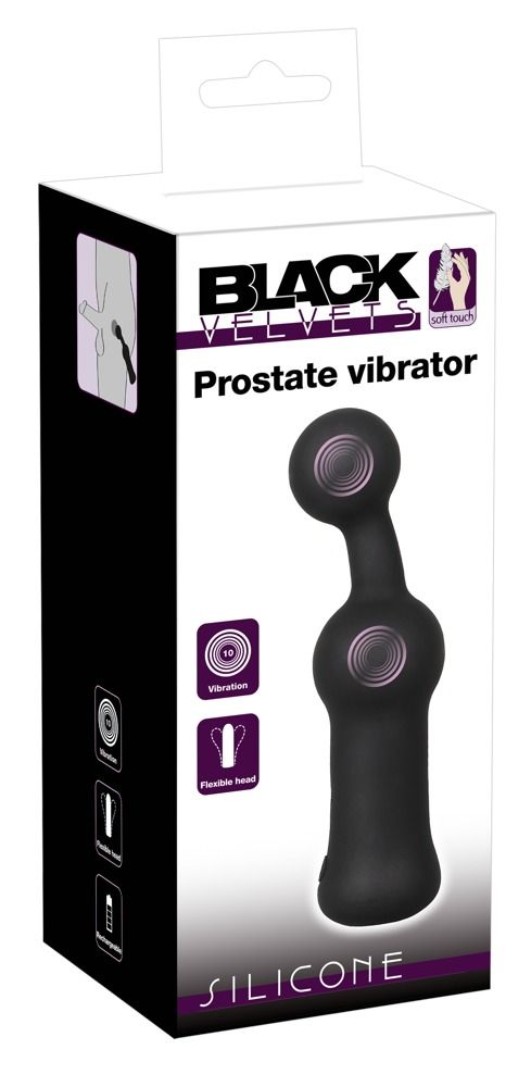Verpackung mit Produktabbildung. Text: Black Velvets, Prostate vibrator, Silikon. Symbole für Vibration und flexible Spitze.
