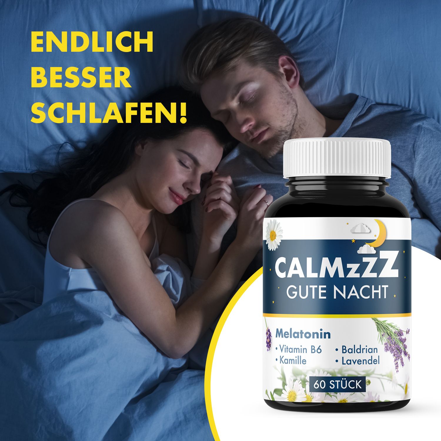 Flasche mit weißem Deckel und Etikett. CALMzzz GUTE NACHT, Melatonin, Vitamin B6, Kamille, Baldrian, Lavendel. 60 Stück. Paar schläft.