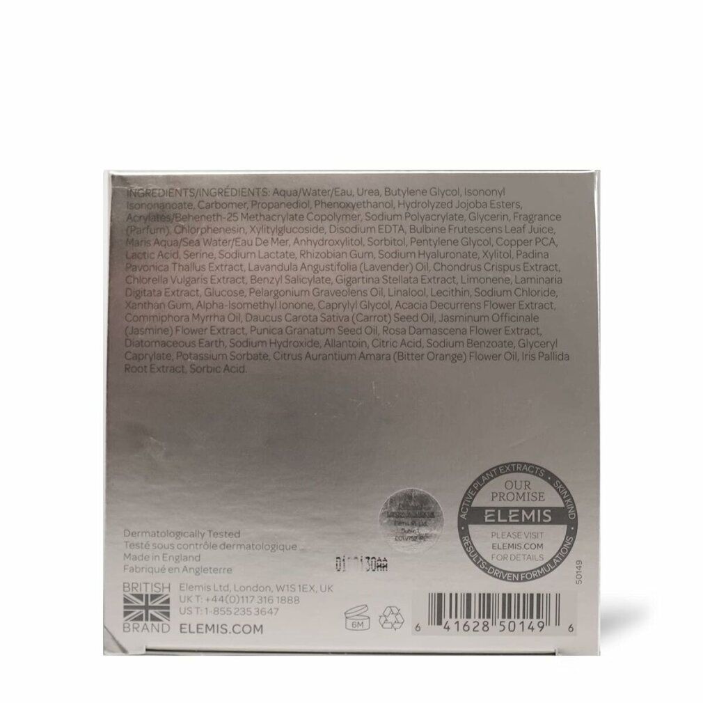 Rückseite der Verpackung. Text: Inhaltsstoffe, Dermatologisch getestet, Elemis-Logo, Website-Adresse.