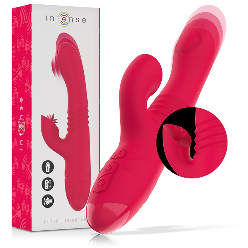 Roter Vibrator mit zwei Motoren und einem flexiblen Kopf, daneben die Verpackung.