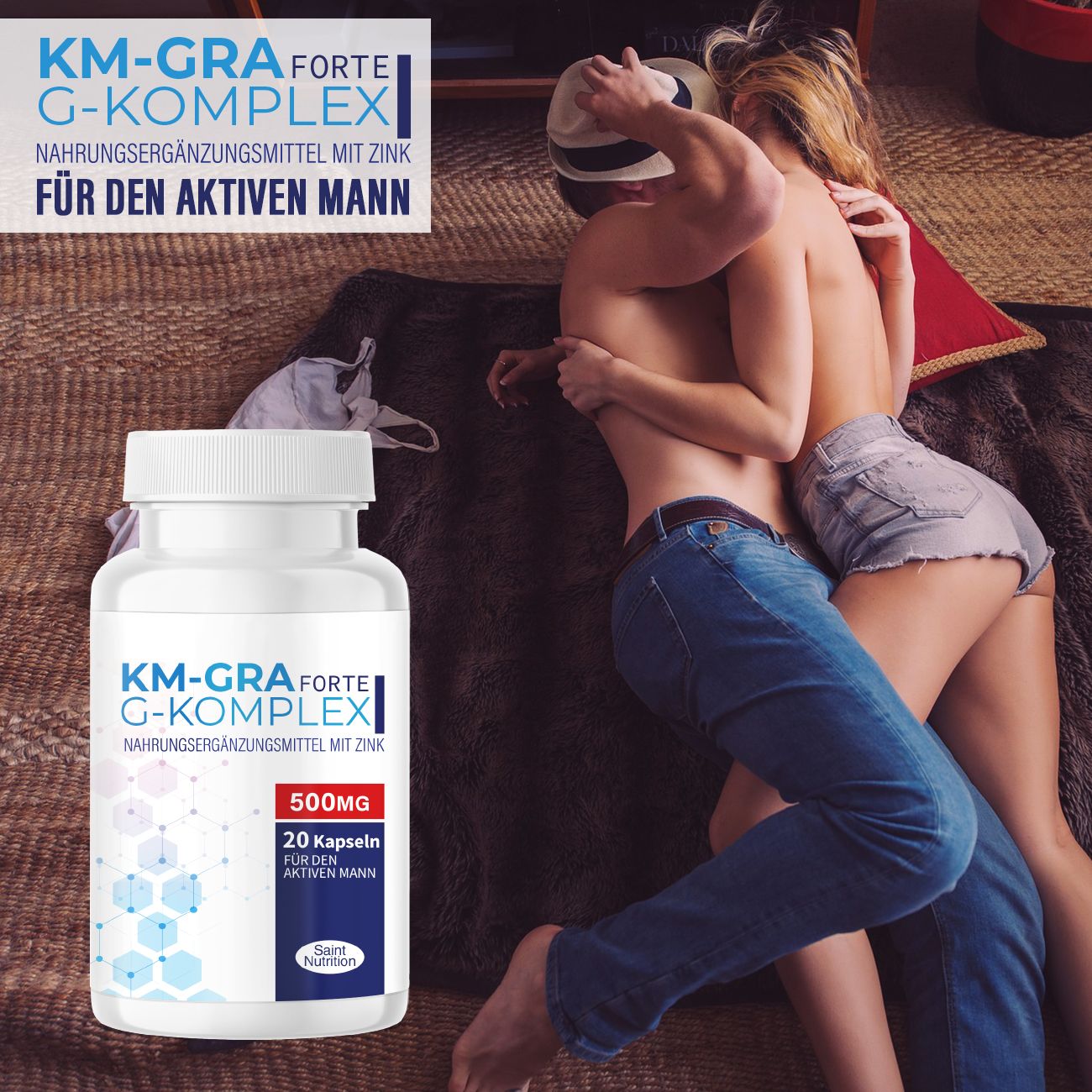 Produktflasche mit Text. Text: KM-GRA Forte G-Komplex, für den aktiven Mann, 500mg, 20 Kapseln. Paar im Bett.