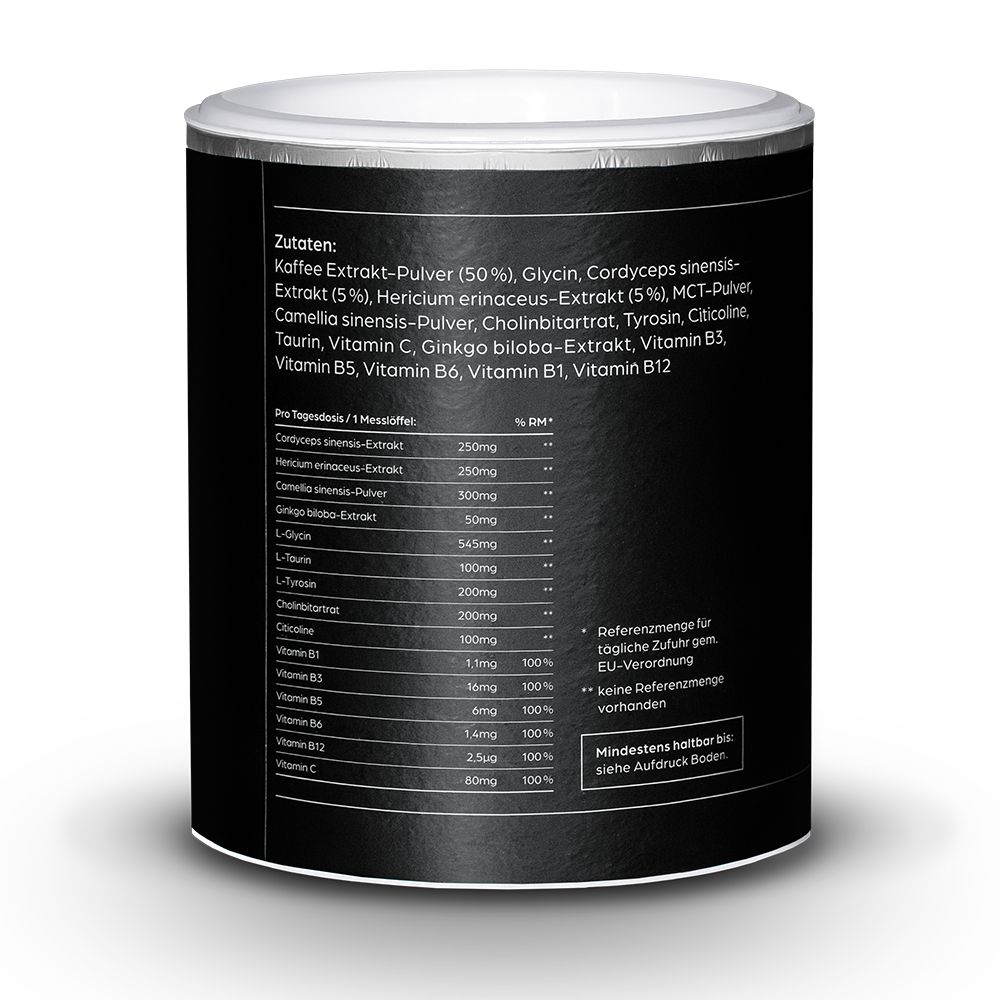Schwarze Dose mit Zutatenliste und Nährwertangaben. Enthält Kaffee-Extrakt, Cordyceps, Hericium, Vitamine.