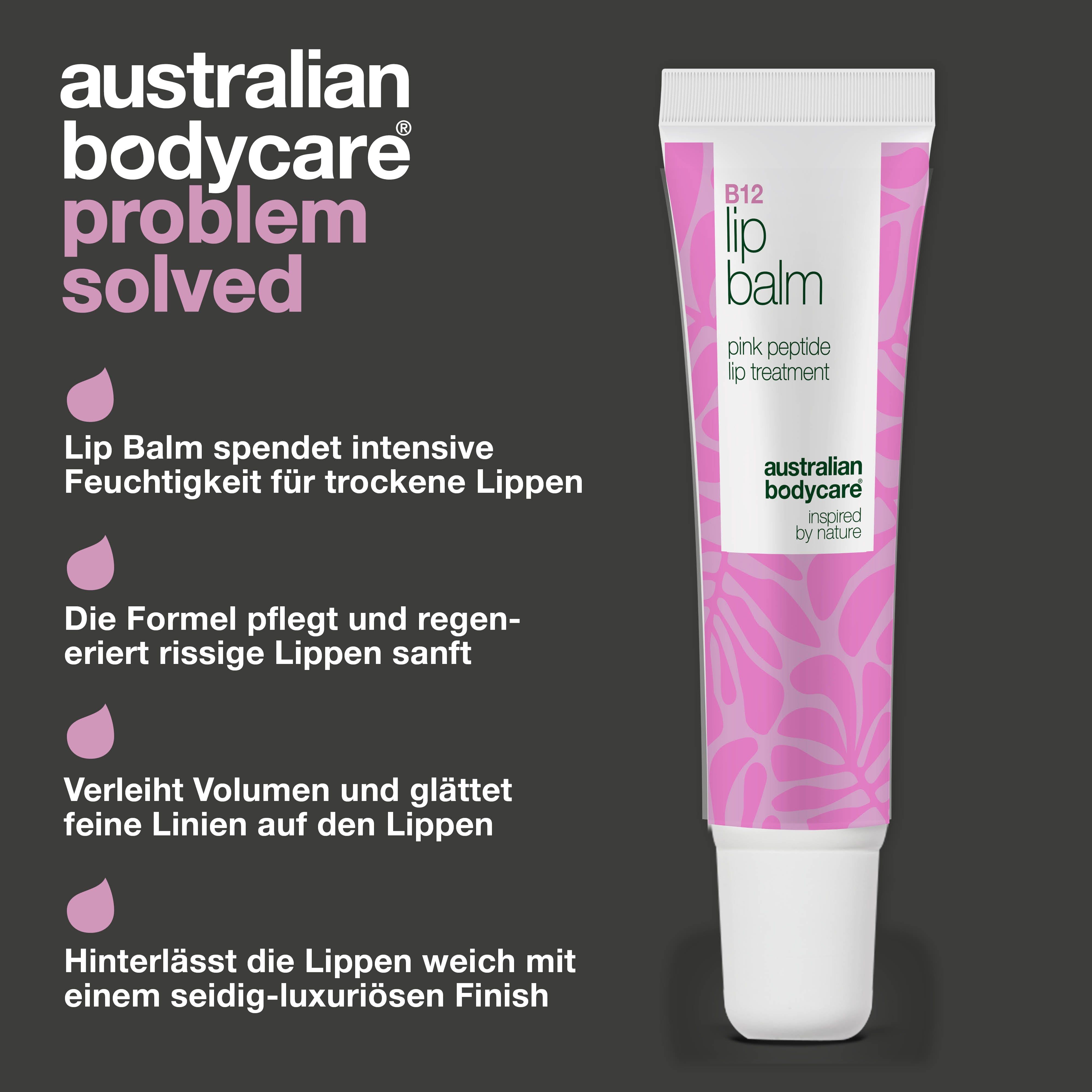 Eine Tube Lippenbalsam. Marke: Australian Bodycare. Text: B12 Lip Balm, pink peptide lip treatment. Rosa Hintergrund.