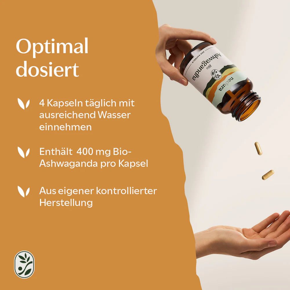 Flasche "nedura bio Ashwagandha" mit Kapseln. Text: "Optimal dosiert". Informationen zu Dosierung und Inhaltsstoffen.
