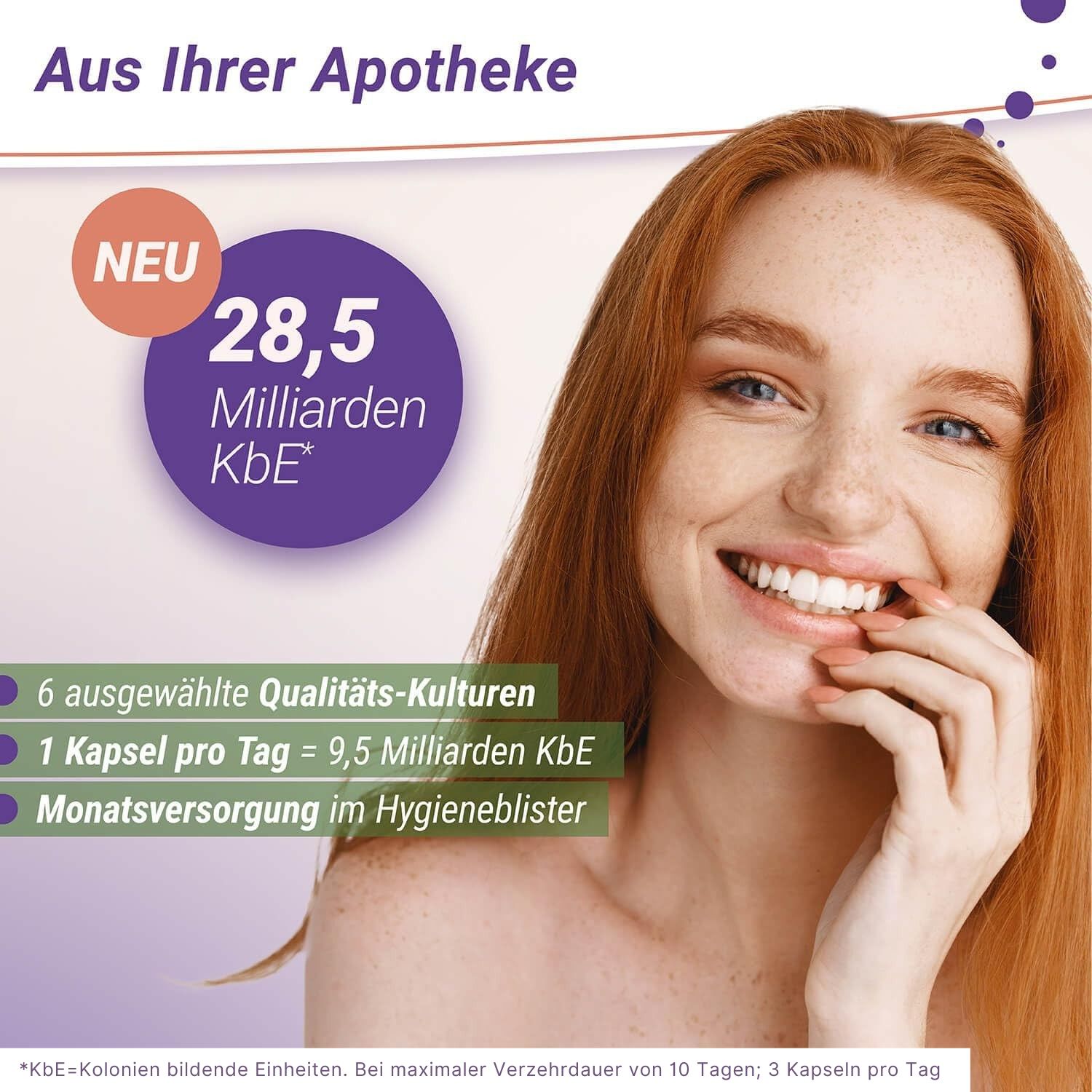 Frau mit roten Haaren. Text: 28,5 Milliarden KBE, 6 Kulturen, 1 Kapsel pro Tag, Monatsversorgung im Hygieneblister.