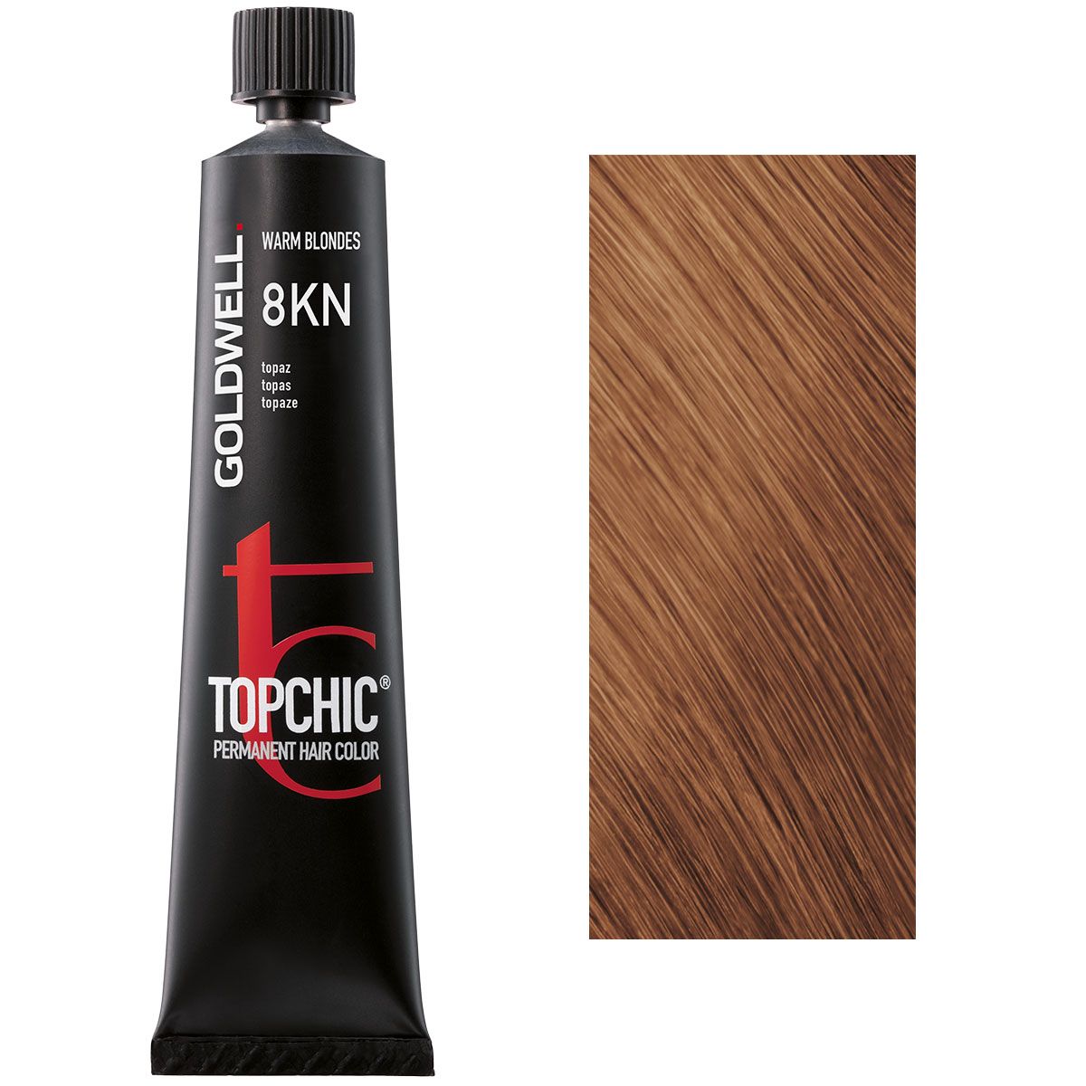 Goldwell Topchic Tube mit blondem Haarfarbton und Farbprobe.