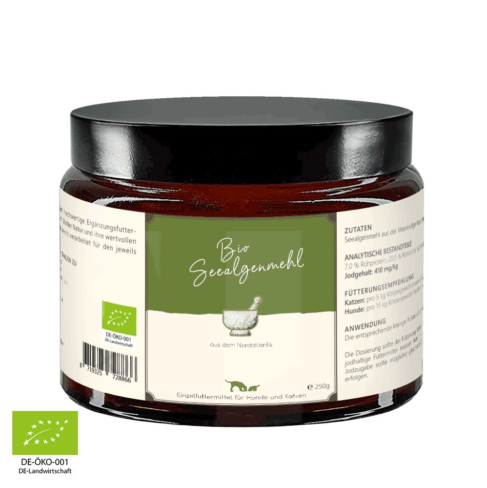 Braunes Glas mit schwarzem Deckel. Etikett mit "Bio Seealgenmehl" und Logo. DE-OKO-001 Zertifizierung. Inhalt: 250g.